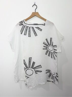 Transparente 100% Linen Top Size 1 White Black Sun Print Short Sleeve